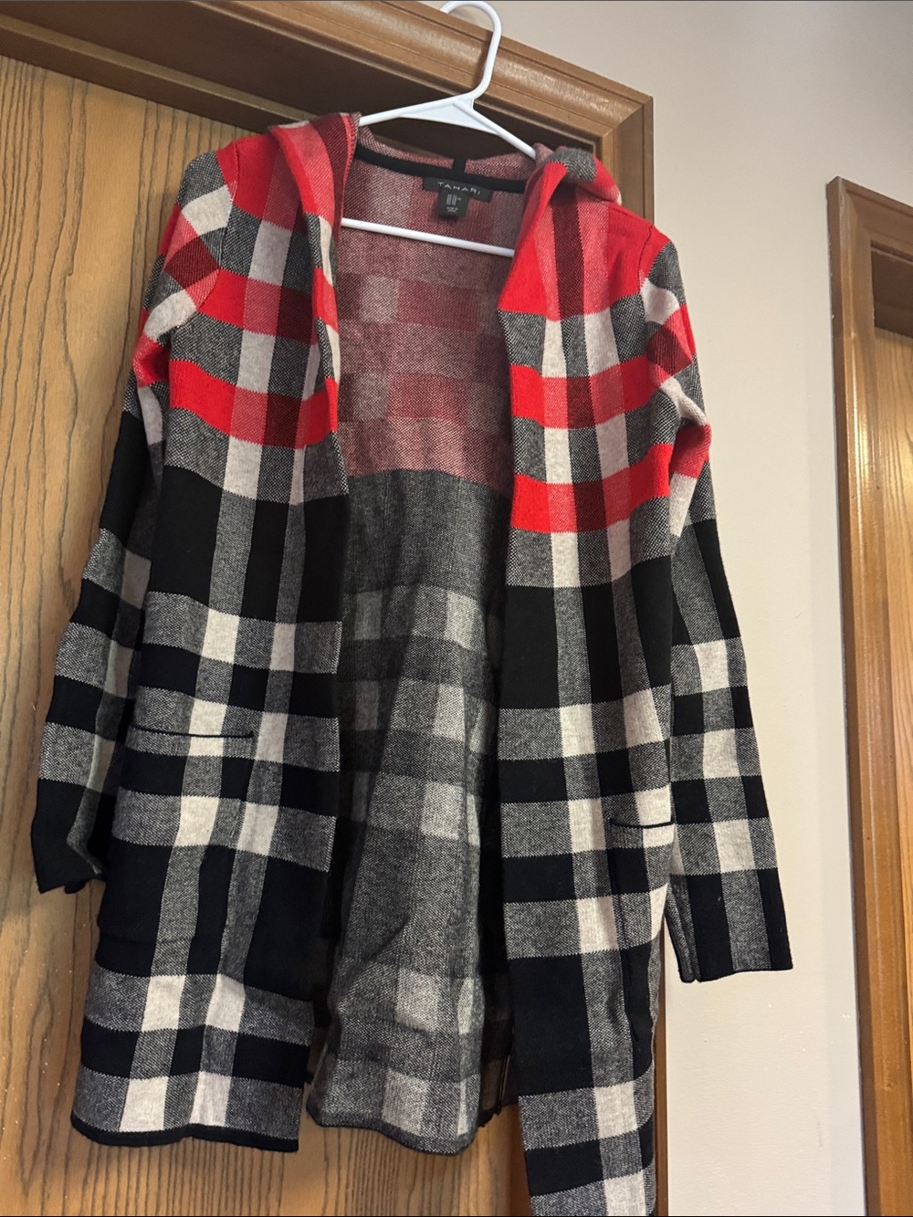 Tahari Red Black & Gray Hooded Plaid Open Cardigan